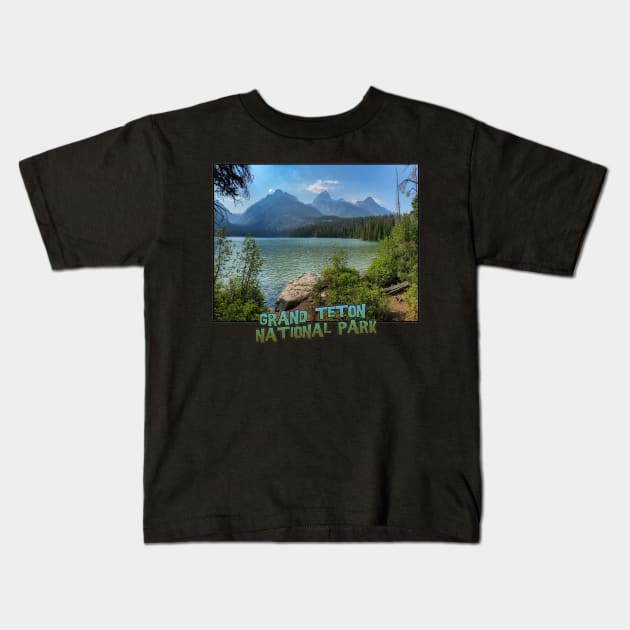 Wyoming State Outline (Grand Teton National Park - Taggart Lake) Kids T-Shirt by gorff